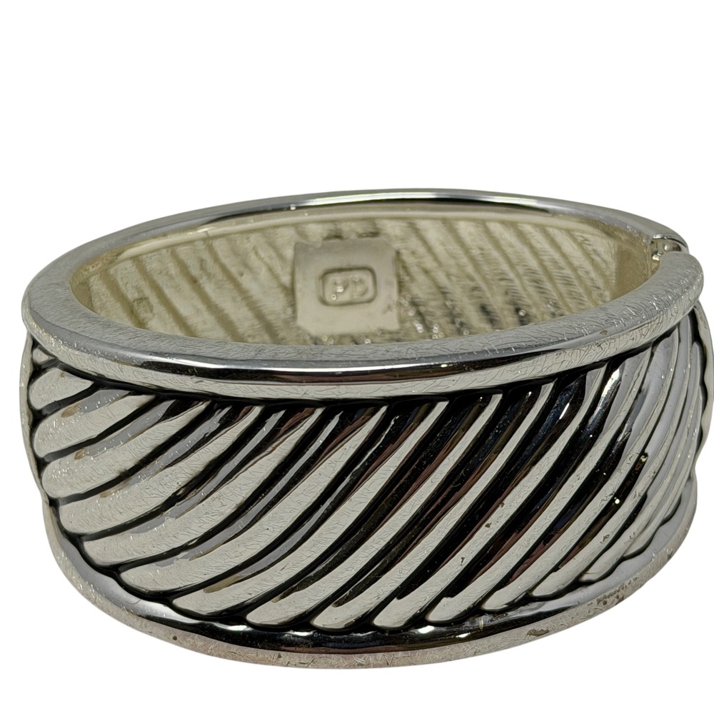 PD Silver Tone Wide Hinged Cuff Bracelet Ribbed Statement Bangle